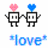 Two pixelated robot figures holding hands, each with a heart-shaped head—pink on the left, blue on the right—with 'love' text below.