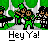 Animated pixel art contact sheet showing four frames of a green-clad character interacting with another figure against a forest background, each frame labeled "Hey Ya!" below.