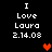 Pixelated text reads 'I Love Laura 2.14.08' with a red heart symbol on the right side of the second line, displayed against a black background.