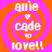 A static image with a bright orange background and pink spiral pattern, featuring white text reading "anime" at the top, "cade" in the middle with a small heart symbol above it, and "love!!" at the bottom.