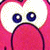 Animated sequence showing a pink cartoon character's face with large white eyes, blue pupils, and red mouth transitioning to its torso with dark blue accents.