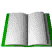 Animated sequence of an open book with green borders, pages flipping through various states from fully open to partially closed.