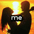 Silhouetted couple embracing against a bright orange-yellow background with text changing from 'me' to 'kiss'.