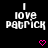Black background with white pixelated text reading "I LOVE PATRICK" and two pink heart symbols below the text.