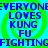 Blue text on a green and cyan background with repeated phrases and circular patterns.
