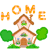 Pixelated house with brown roof and door, green bushes, and orange 'HOME' letters above it, displayed in two color variations.