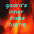 Pixelated cyan text reads 'goora's inner flame burns' over a fiery red-orange gradient background with dark edges.