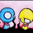 Animated pixel art of two cartoon characters with blue and yellow heads against a pink background, text changes across frames.
