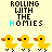 Animated contact sheet showing six frames of a pixel art buddy icon with yellow ducks and text "ROLLING WITH THE HOMIES" on a light background.