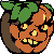 Pixelated orange pumpkin with carved yellow eyes, nose, and jagged mouth; green leaves on top; brown stem; black outlines; static image.