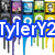 A static image shows a of colorful icons with blue text reading "TylerY2" and "Is Cool" over a background featuring palm trees and a sunset