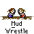 Pixel art animation of two figures wrestling in mud, with showing dynamic movement and mud splatters