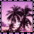 Two side-by-side of a pixelated palm tree scene with purple and pink gradient sky, framed by film strip borders