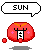 Pixelated red circular icon with orange top, white vertical symbol, pink dots, and small red dot; text labels above include SUN, MOON, EARTH, SKY, FIRE, WATER, ROCK, STARS, AKURYO, TAISAN!