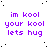 Purple text on white background with scattered black dots, repeating 'im kool your kool lets hug' in multiple