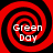 Four identical red and black spiral patterns arranged in a , each containing white text reading 'Green Day' in two lines