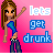 Pixel art of a woman with long brown hair in blue top and dark pants against pink background, text 'lets get drunk' changes color across frames.