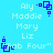 Static pixel art displays names and symbols on a cyan background with light blue text and purple geometric icons.