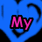 Blue background with black heart outlines, pink 'My' text top-left, green 'Love' text top-right, and cyan '<3' symbol bottom-center.