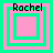 Four identical square icons with layered pink and green borders display the name "Rachel" at the top, each showing a distinct nested square pattern variation.