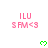 Pink text 'ILU S FM<3' and green pixel hearts on white background with gray bottom-right corner.