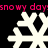 Four white pixelated snowflakes arranged in a on black background with repeating pink text "snowy days" above and below