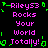 Pixelated text reads 'RileyS3 Rocks Your World Totally!' in pink with green decorative elements on a black background.