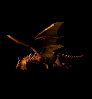 Animated dragon with orange-brown body and wings, dark underbelly, glowing yellow eyes, and spiky back moving through five sequential poses against black background.