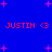 Blue background with pink star shapes and red text reading "JUSTIN <3" repeated in two