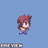Pixel art character with brown hair and purple pants in multiple poses against a light blue background, each labeled 'PREVIEW' below.