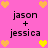 Pink background with repeated 'jason + jessica' text and heart symbols in yellow/orange hues.
