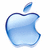 Three blue water droplet-shaped Apple logos with bite marks and leaves, displayed in a with one gray square