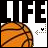 Pixelated basketball graphic with 'LIFE' text above, featuring a small black symbol on the left and an orange symbol on the right.