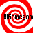 Four red and white spiral patterns arranged in a with black text reading "Alfiemegac" overlaid on each quadrant