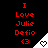 Red text reads "I Love Julie Defio <3" over a black background with a white triangular shape containing a heart symbol.