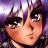A pixelated anime-style character with purple hair and a black background featuring stylized text.