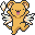 A 4x3 contact sheet of pixel art frames showing a yellow anthropomorphic bear-like character with wings and a tail, performing various dance poses against a gray background.