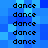 A static pixel art image with a blue gradient background displaying the word 'dance' repeated in black text across multiple and