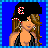 Pixel art contact sheet showing three frames of an animated buddy icon with a female character wearing a black cap, striped outfit, and silver accessories against blue background.