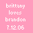 A static pink background displays repeated white text reading 'brittany loves brandon 7.12.06' with small red crosses scattered across the image.