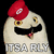 Pixelated cartoon chicken with red cap, black mustache, and open mouth showing tongue, set against black background with gray text below.