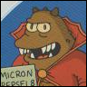 Brown cartoon character with large eyes and sharp teeth holds a sign reading 'MICRON' and 'RESEFL' against a blue background.