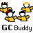Pixelated static buddy icon featuring two yellow stick figures in running poses with black outlines, red chest accents, and yellow helmets on a white background, below which is bold text reading "GC Buddy".