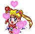 Pixelated character with blonde pigtails and red hair accessories surrounded by pink hearts in a