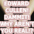 Pixelated text blocks in light and dark red tones display 'EDWARD CULLEN! DAMMIT! WHY AREN'T YOU REAL!?'.