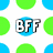 Four square display text on patterned backgrounds: BFF on green-blue circles, MK on blue dots, RP on pink dots, me! on light pink dots