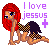 Pixel art of a red-haired figure in a crouching pose with text reading 'I love jessus' and a purple plus sign.