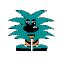 Pixelated teal character with spiky hair, black mouth, orange pants, and blue shoes stands on a white background.