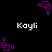 Pixelated purple geometric shapes rotate around a central point on black background with repeated white text 'Kayli' in four positions.