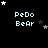 Pixelated text 'PeDo BeAr' in light blue on black background with white and gray stars, some stars animate to change position across frames.